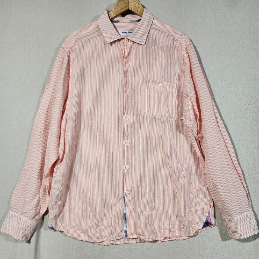 Tommy Bahama Mens Large Peach White Striped Linen Tencel Button Down Shirt